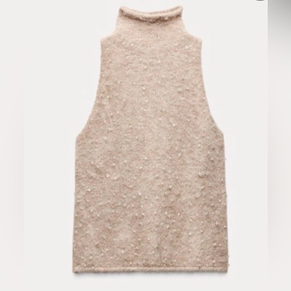 ZARA women Short sleeve turtle neck sweater with embellished beads.